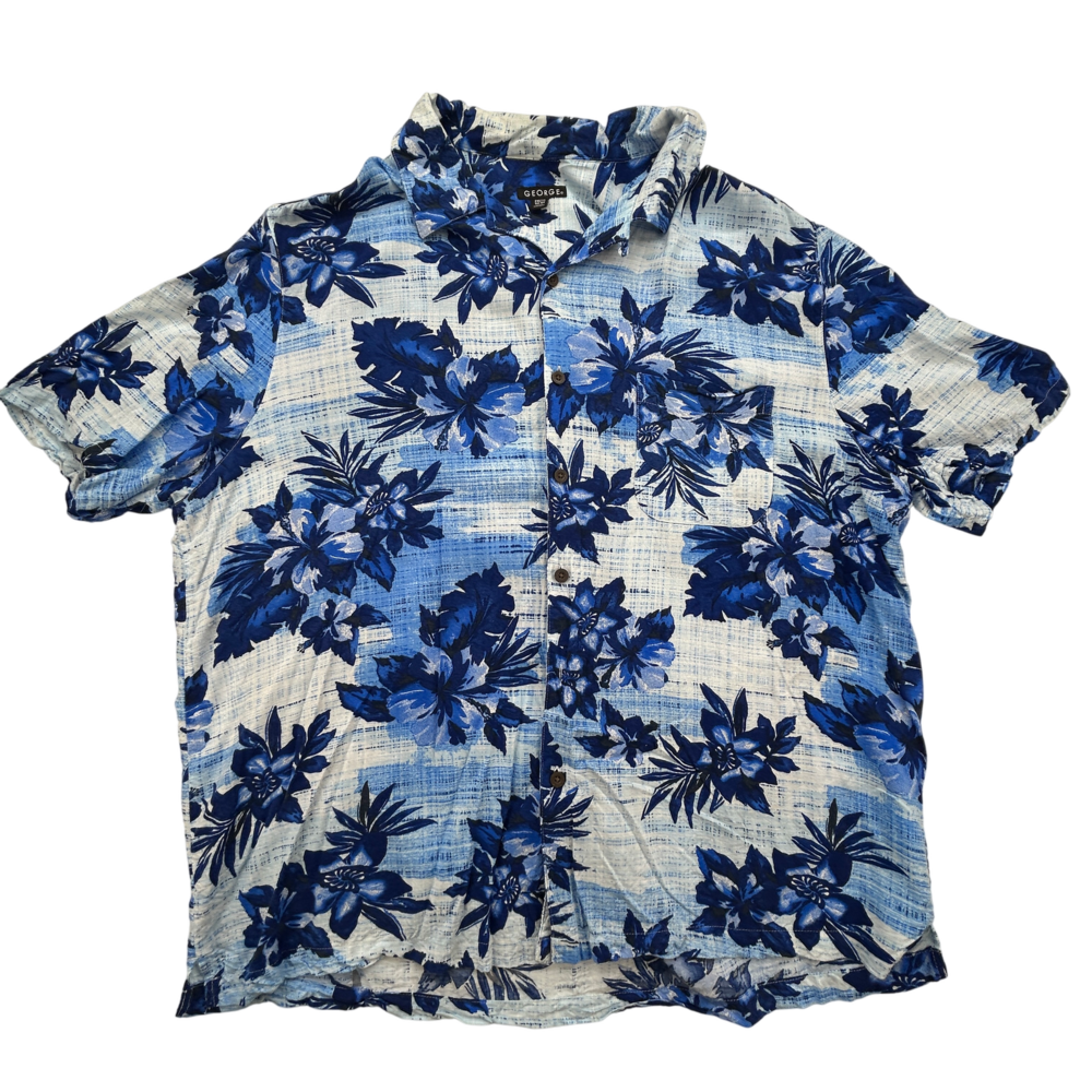 George Shirt Mens 2XL Blue Floral Hawaiian Button Up Camp Casual Beach